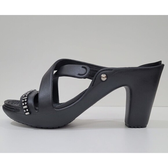 Crocs Cyprus IV Black Heeled Sandals with Rhinestones NEW Sz.9 - Picture 4 of 8